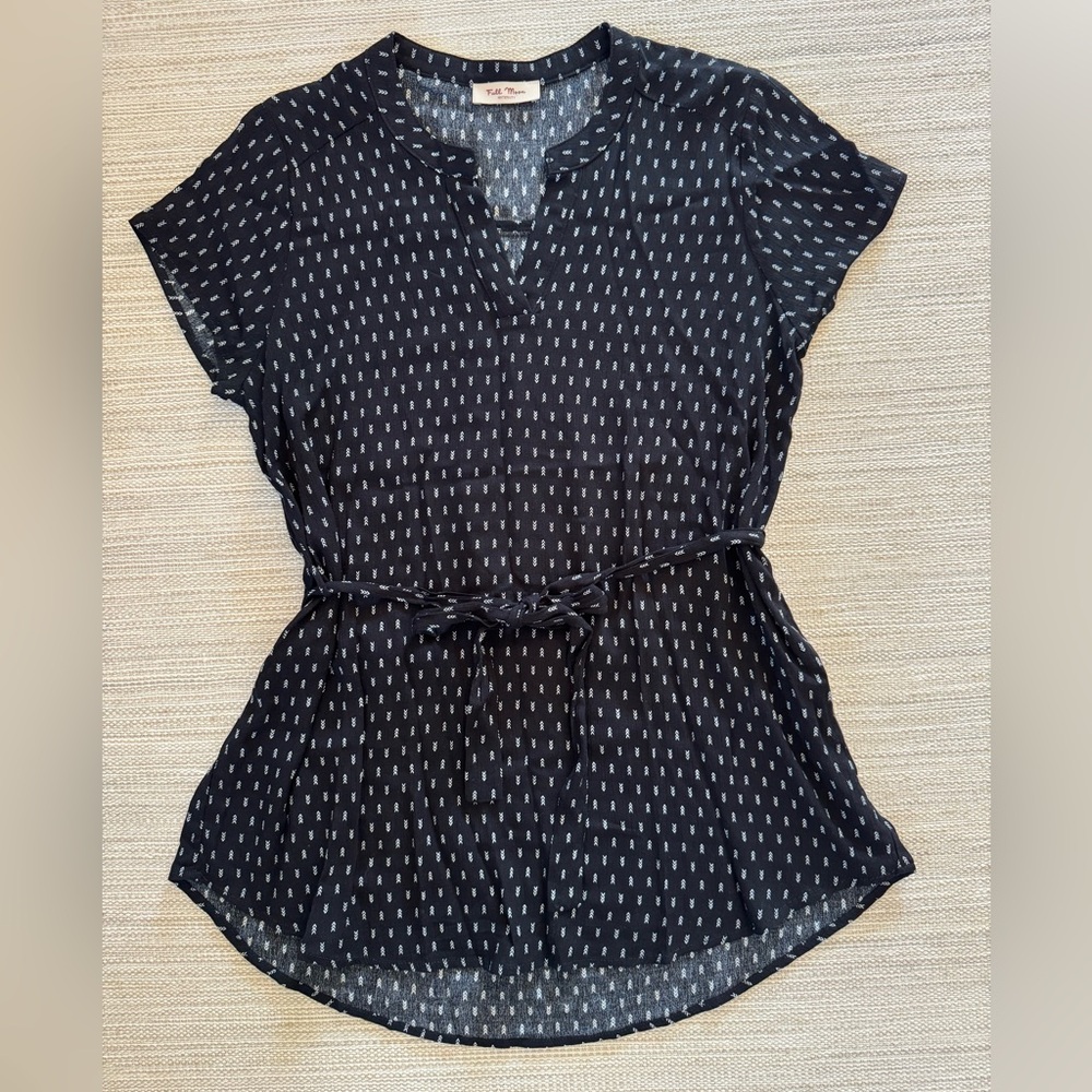 Full Moon Maternity black print v-neck short sleeve belted top blouse women’s XS